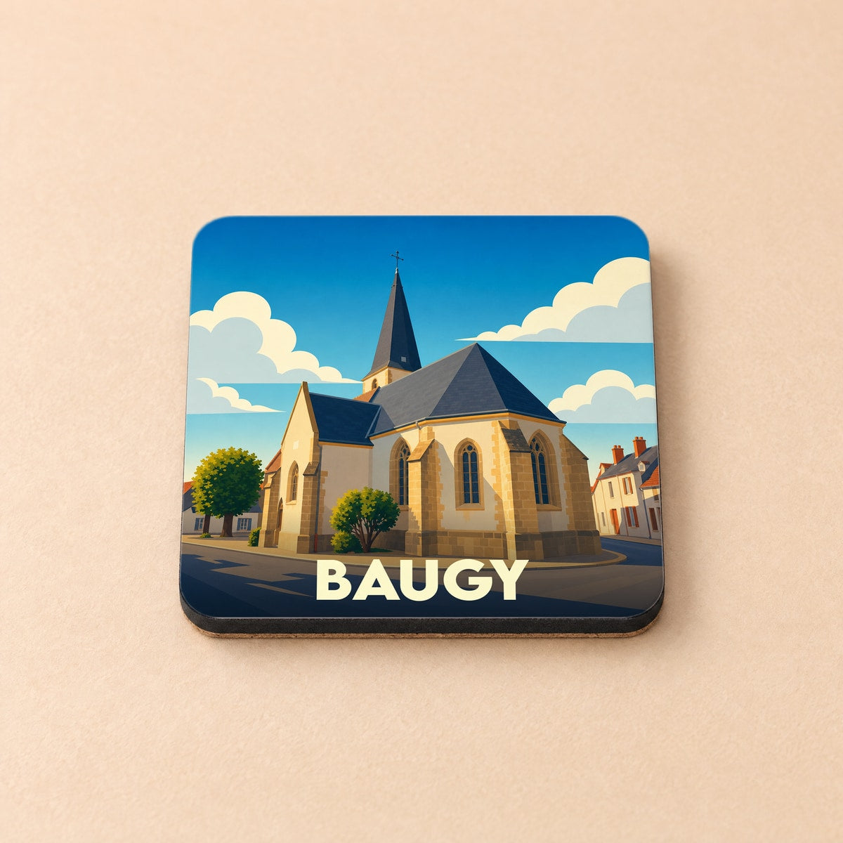 Dessous de verre souvenir de la ville de Baugy illustré par une église stylisée sous un ciel bleu.