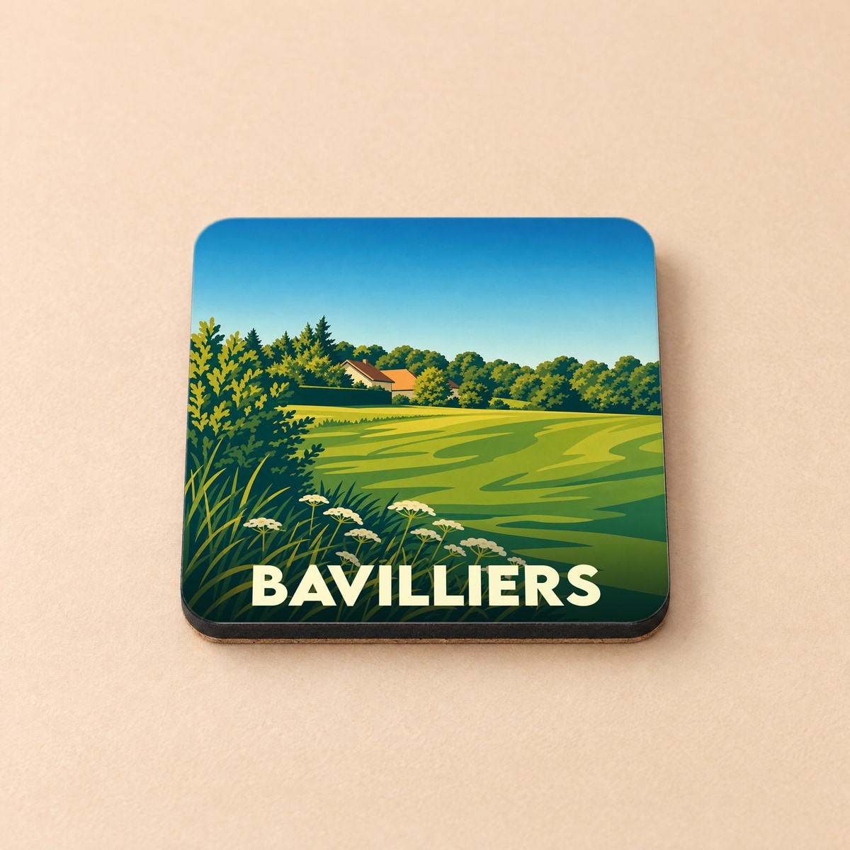 Dessous de verre souvenir de la ville de Bavilliers avec une illustration stylisée d'un paysage de campagne.