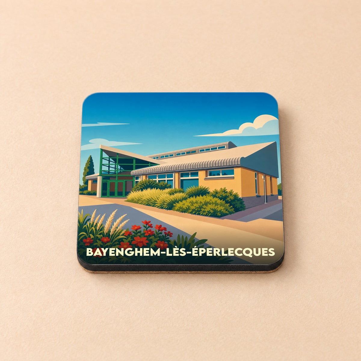 Dessous de verre souvenir de la ville de Bayenghem-lès-Éperlecques avec une illustration stylisée.