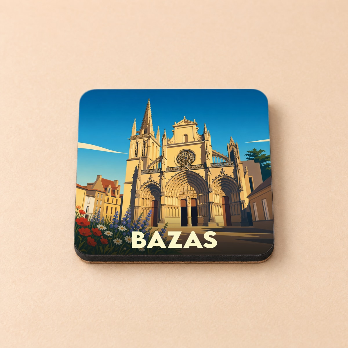 Dessous de verre souvenir de la ville de Bazas avec une illustration stylisée de sa cathédrale.