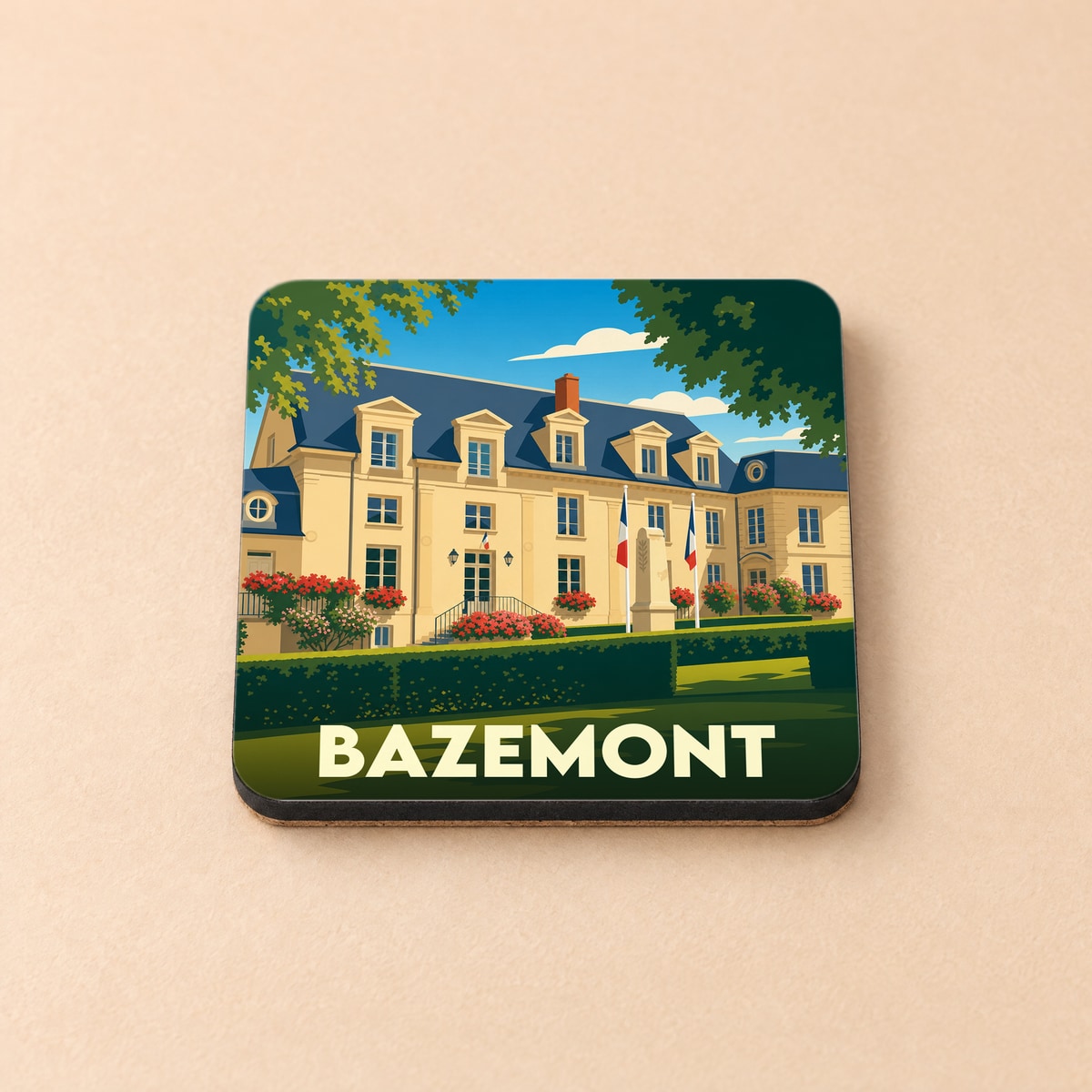 Dessous de verre souvenir de la ville de Bazemont avec une illustration stylisée de sa mairie.