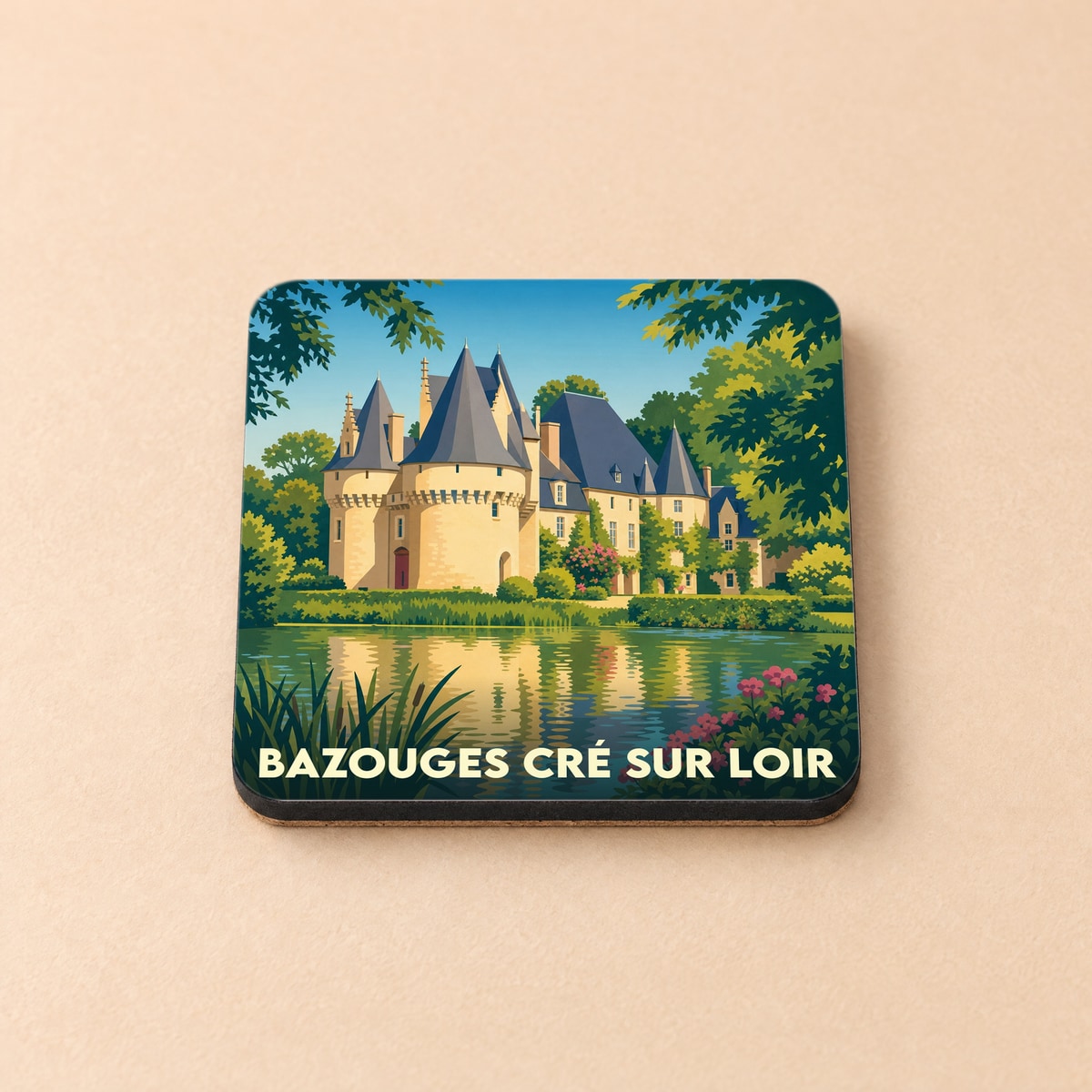 Dessous de verre souvenir de Bazouges Cré sur Loir illustré d'un château au bord de l'eau.