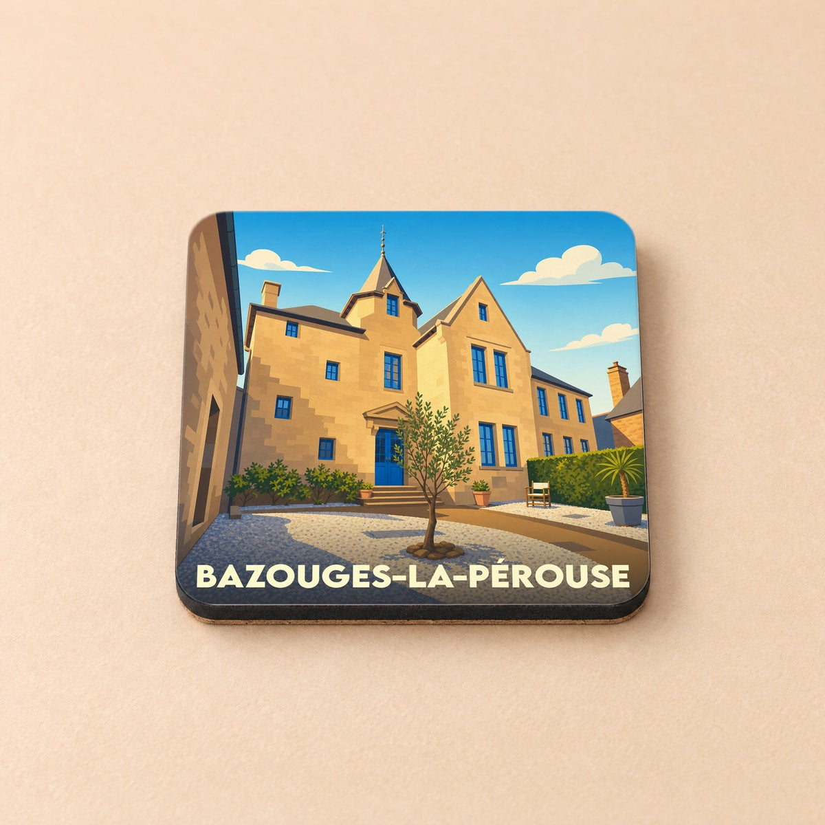Dessous de verre souvenir de la ville de Bazouges-la-Pérouse avec une illustration stylisée d'un bâtiment historique.