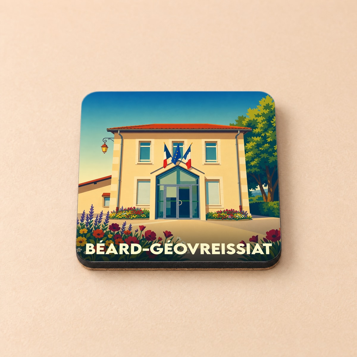 Dessous de verre souvenir de la ville de Béard-Géovreissiat avec une illustration stylisée de la mairie.