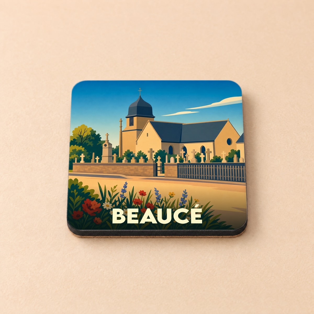 Dessous de verre souvenir de la ville de Beaucé illustrant son église et son cimetière dans un style graphique épuré.