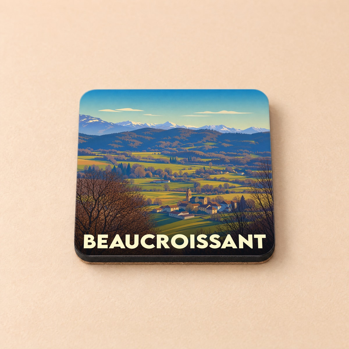 Dessous de verre souvenir de la ville de Beaucroissant avec une illustration stylisée de son paysage vallonné.