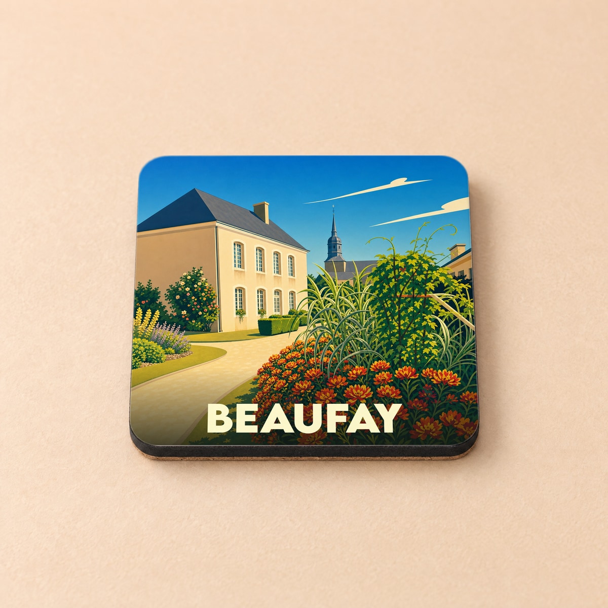 Dessous de verre souvenir de la ville de Beaufay avec une illustration stylisée d'une maison et d'un jardin fleuri.