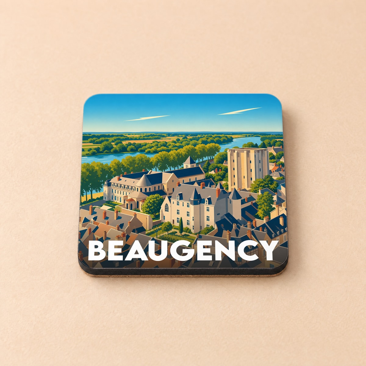 Dessous de verre souvenir de la ville de Beaugency avec une illustration stylisée de son patrimoine historique en bord de Loire.