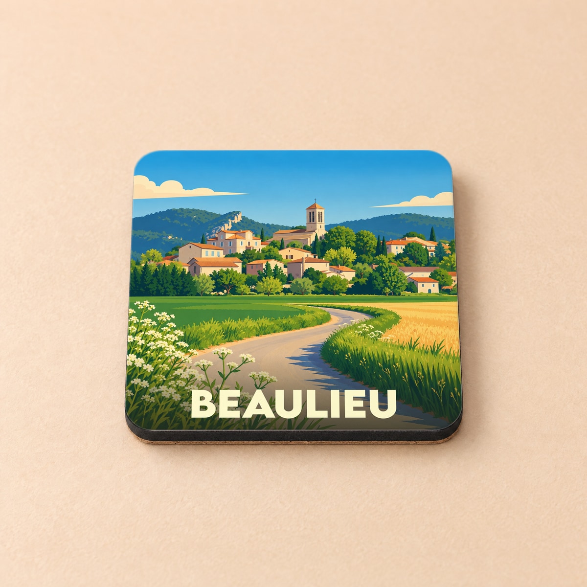 Dessous de verre souvenir de la ville de Beaulieu avec une illustration stylisée d'un village ardéchois.