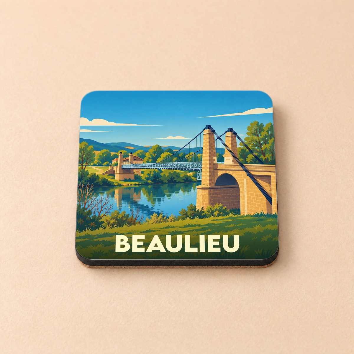 Dessous de verre souvenir de la ville de Beaulieu orné d'une illustration stylisée de son pont suspendu.