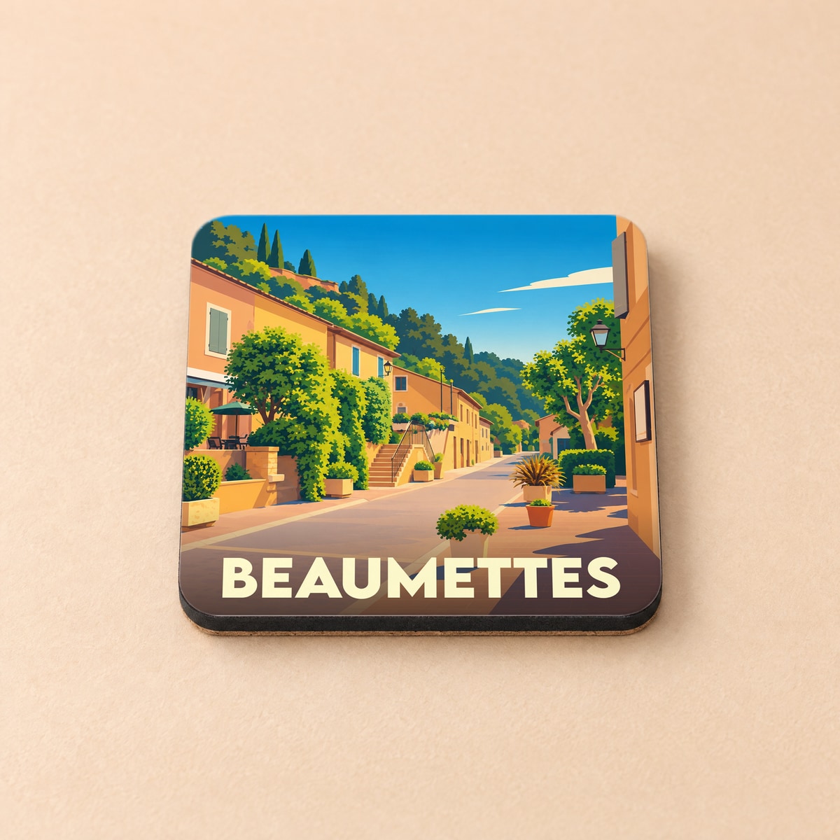 Dessous de verre souvenir de la ville de Beaumettes avec une illustration stylisée d'une rue ensoleillée.