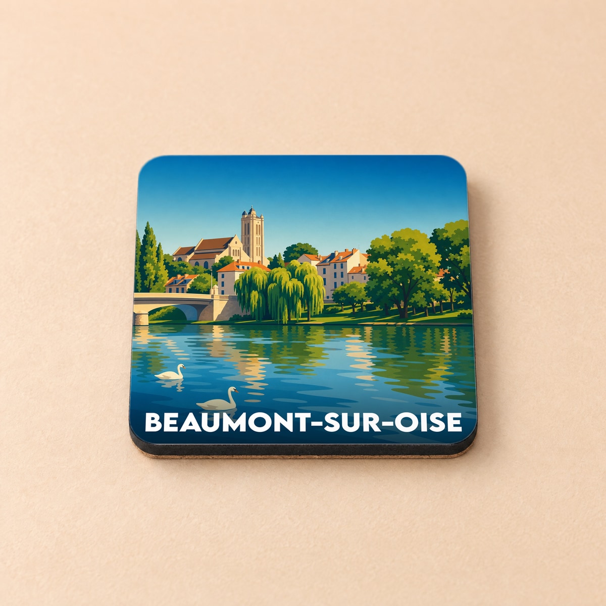 Dessous de verre souvenir de la ville de Beaumont-sur-Oise avec une illustration stylisée des bords de l'Oise.
