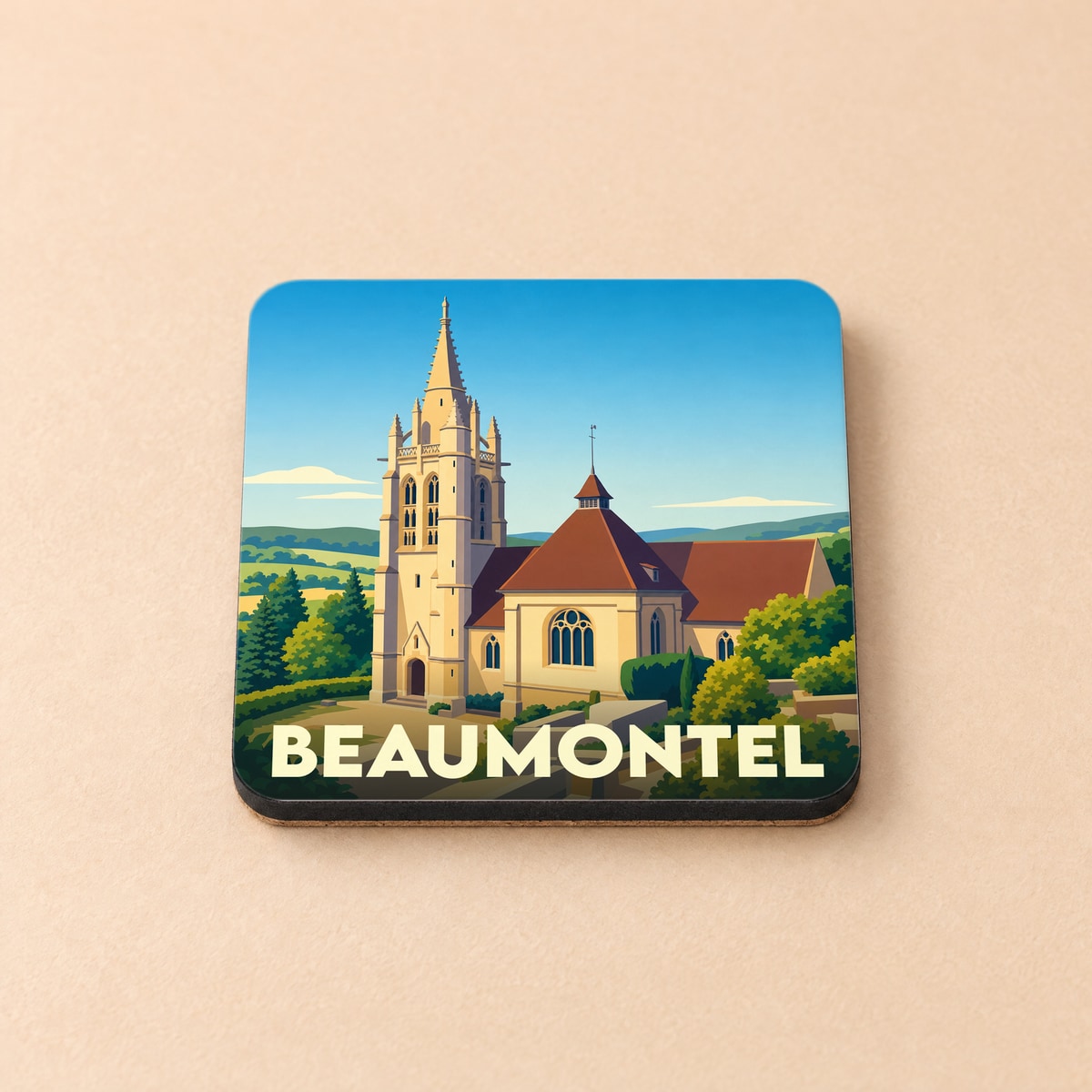 Dessous de verre souvenir de la ville de Beaumontel avec une illustration stylisée de son église et de ses paysages vallonnés.