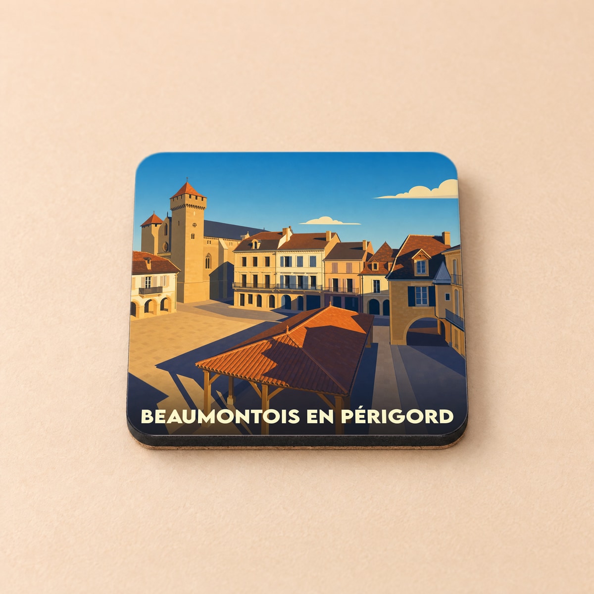Dessous de verre souvenir de la ville de Beaumontois en Périgord avec une illustration stylisée de sa place centrale.