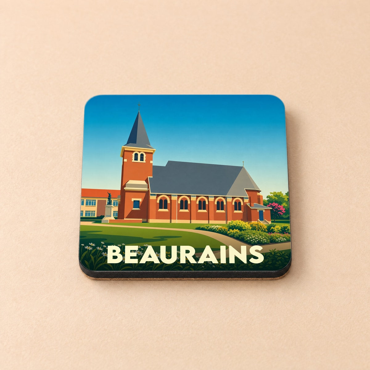 Dessous de verre souvenir de la ville de Beaurains avec une illustration stylisée de son église.
