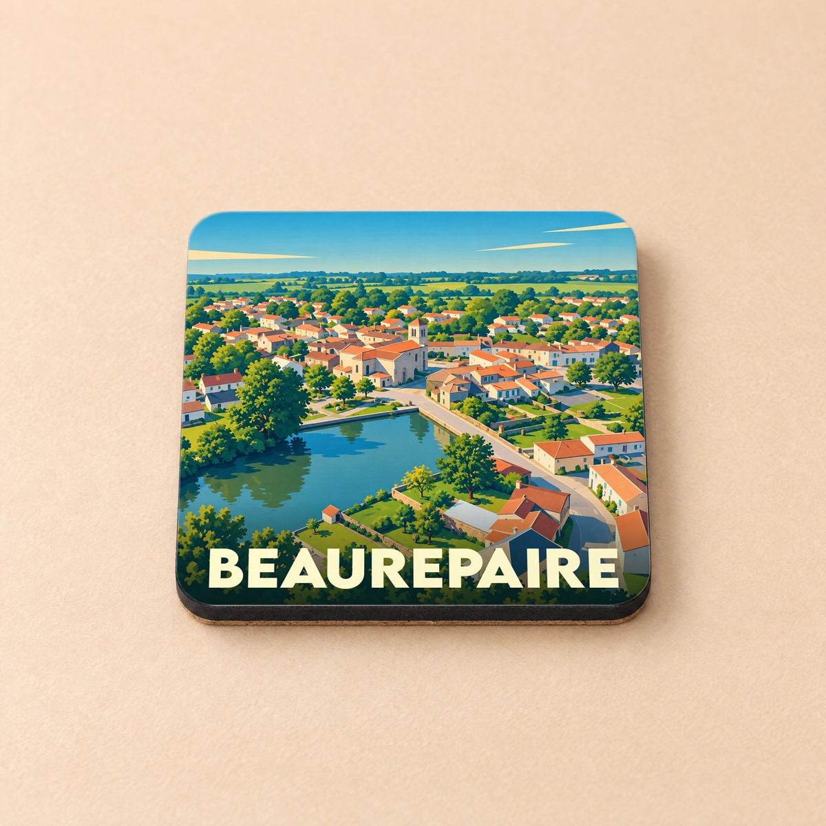 Dessous de verre souvenir de la ville de Beaurepaire avec une illustration stylisée d'un paysage vendéen.
