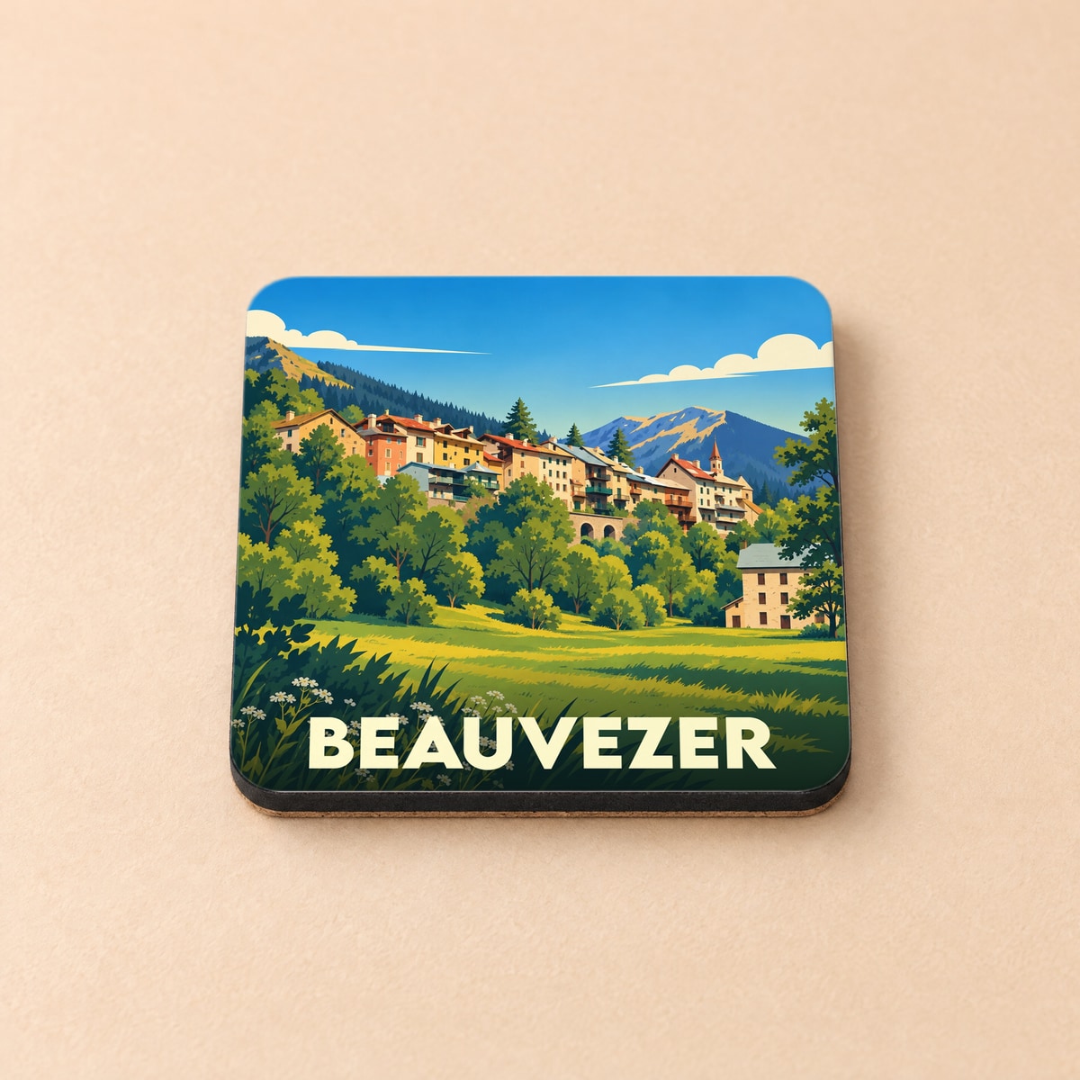 Dessous de verre souvenir de la ville de Beauvezer illustré d'un paysage montagneux coloré au style rétro.
