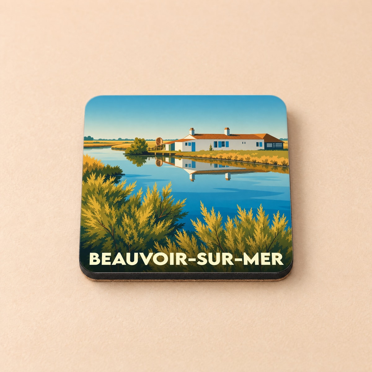 Dessous de verre souvenir de la ville de Beauvoir-sur-Mer avec une illustration stylisée.