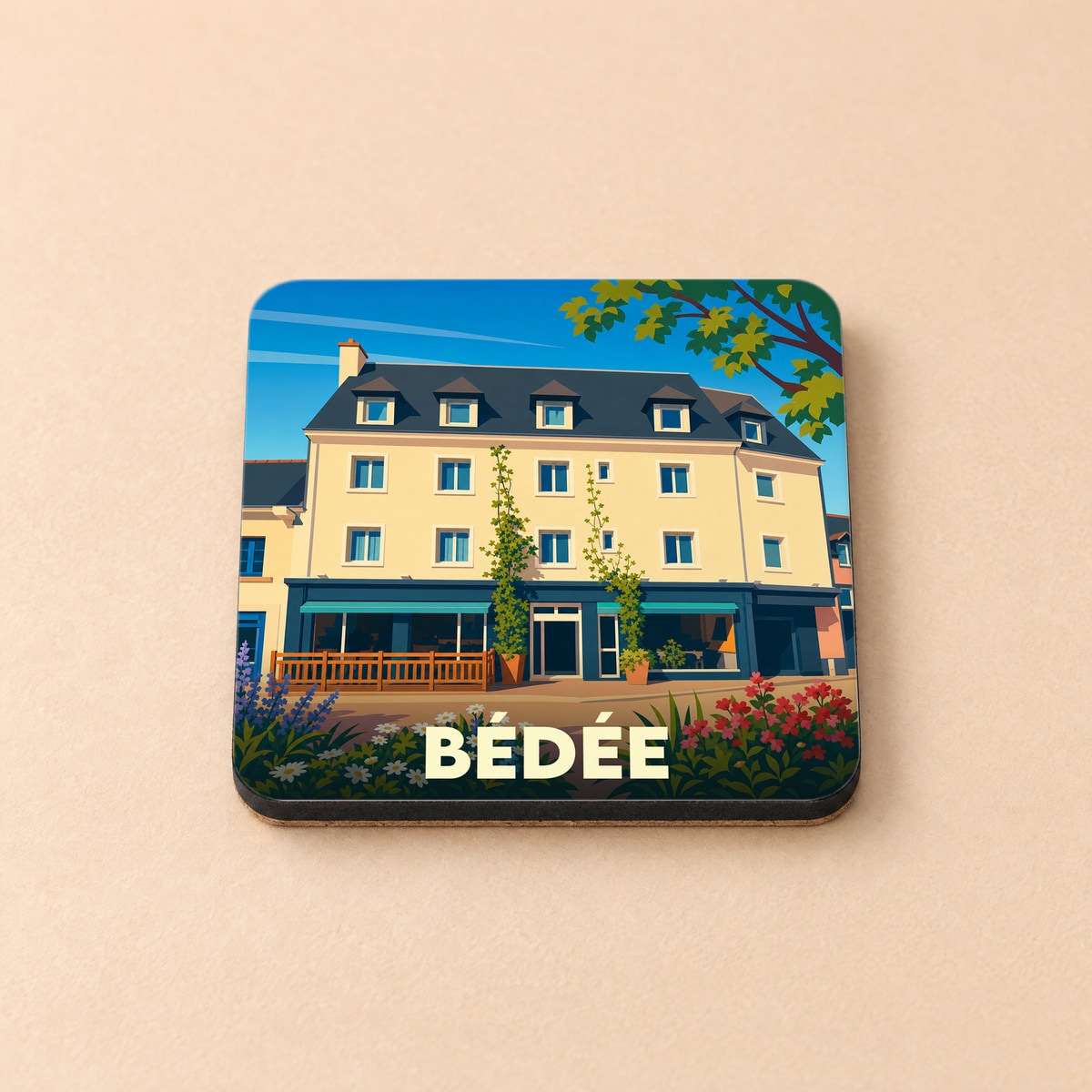Dessous de verre souvenir de la ville de Bédée avec une illustration stylisée d'un bâtiment typique.