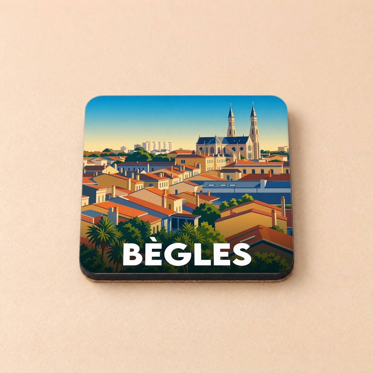 Dessous de verre souvenir de la ville de Bègles avec une illustration stylisée.