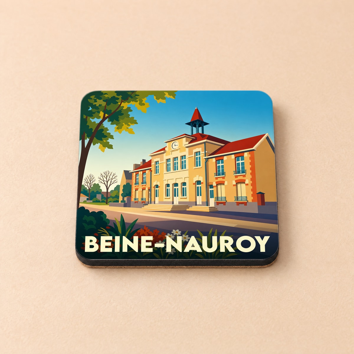Dessous de verre souvenir de la ville de Beine-Nauroy avec une illustration stylisée de la mairie.