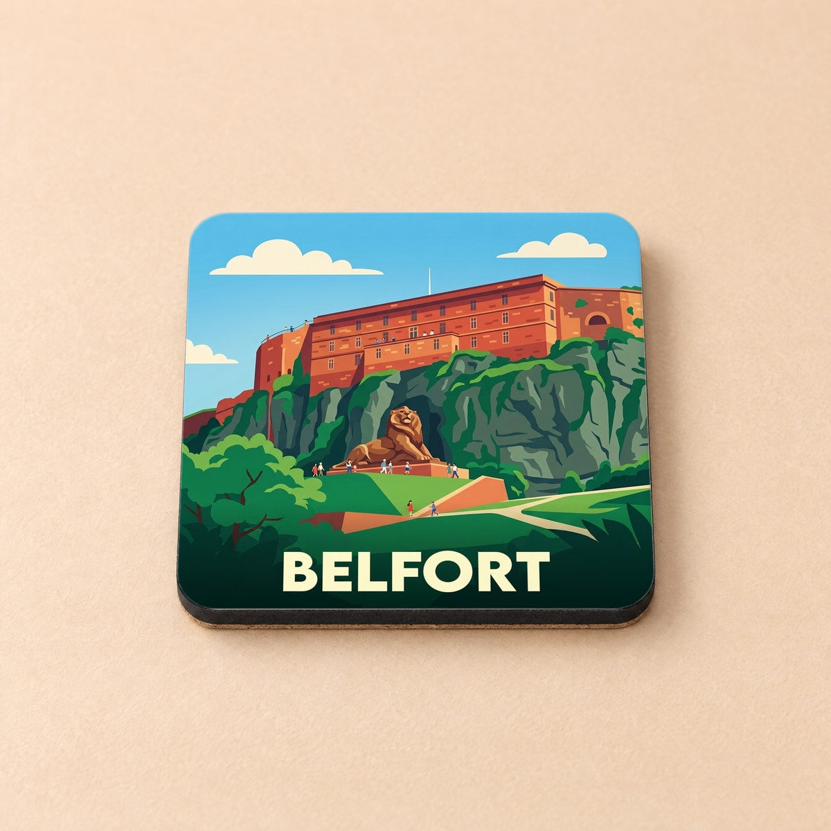 Dessous de verre souvenir de la ville de Belfort illustrant sa citadelle et son célèbre lion.