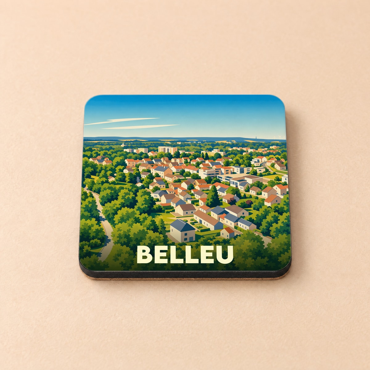 Dessous de verre souvenir de la ville de Belleu avec une illustration stylisée et colorée.