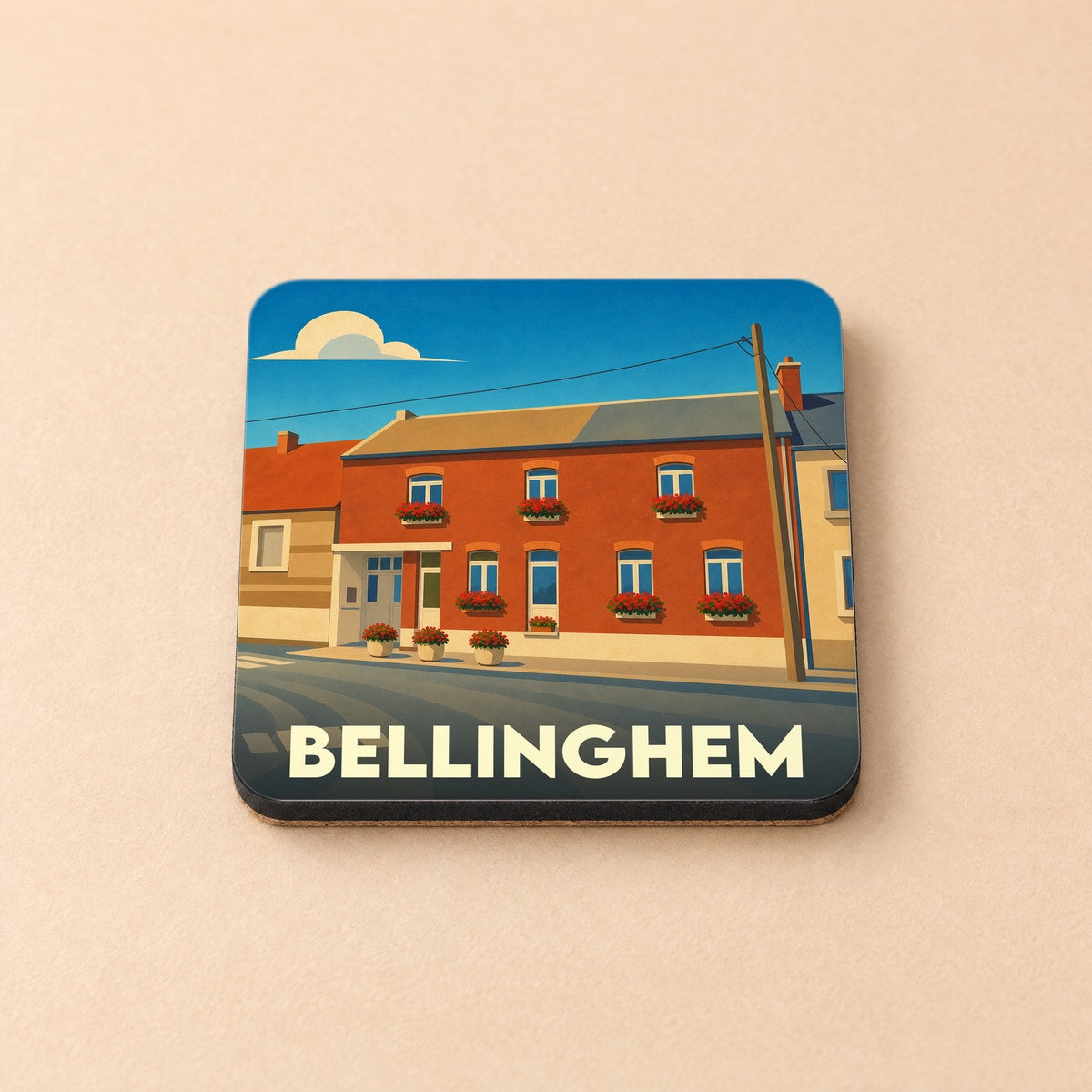 Dessous de verre souvenir de la ville de Bellinghem avec une illustration stylisée d'une maison typique.