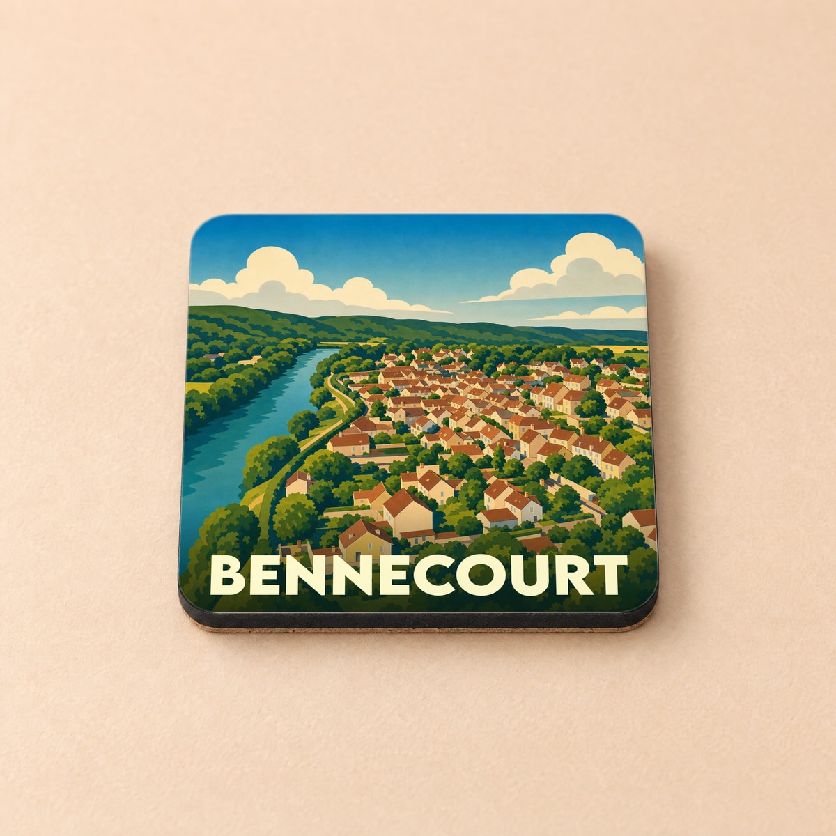 Dessous de verre souvenir de la ville de Bennecourt avec une illustration stylisée.