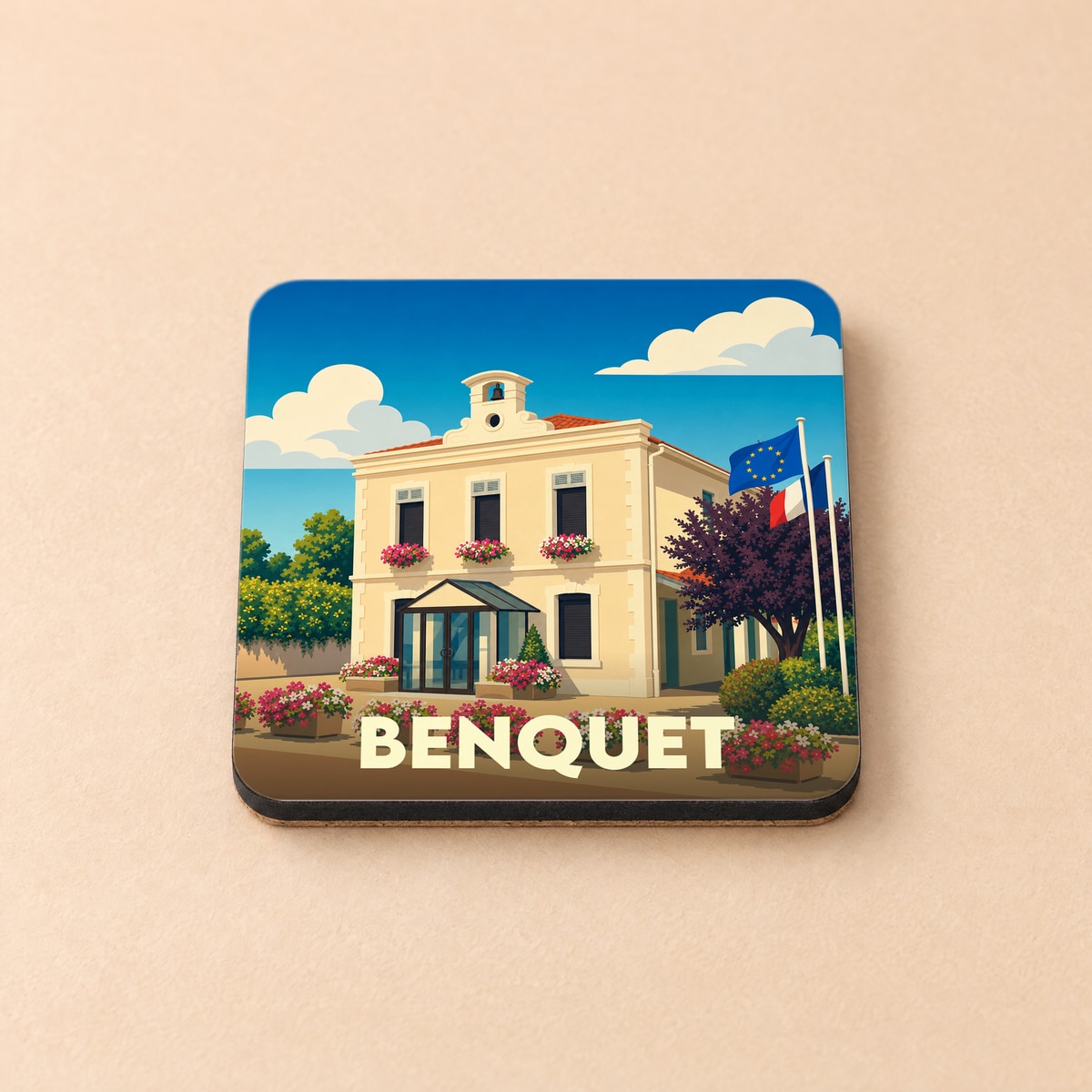 Dessous de verre souvenir de la ville de Benquet avec une illustration stylisée de sa mairie fleurie sous un ciel bleu.