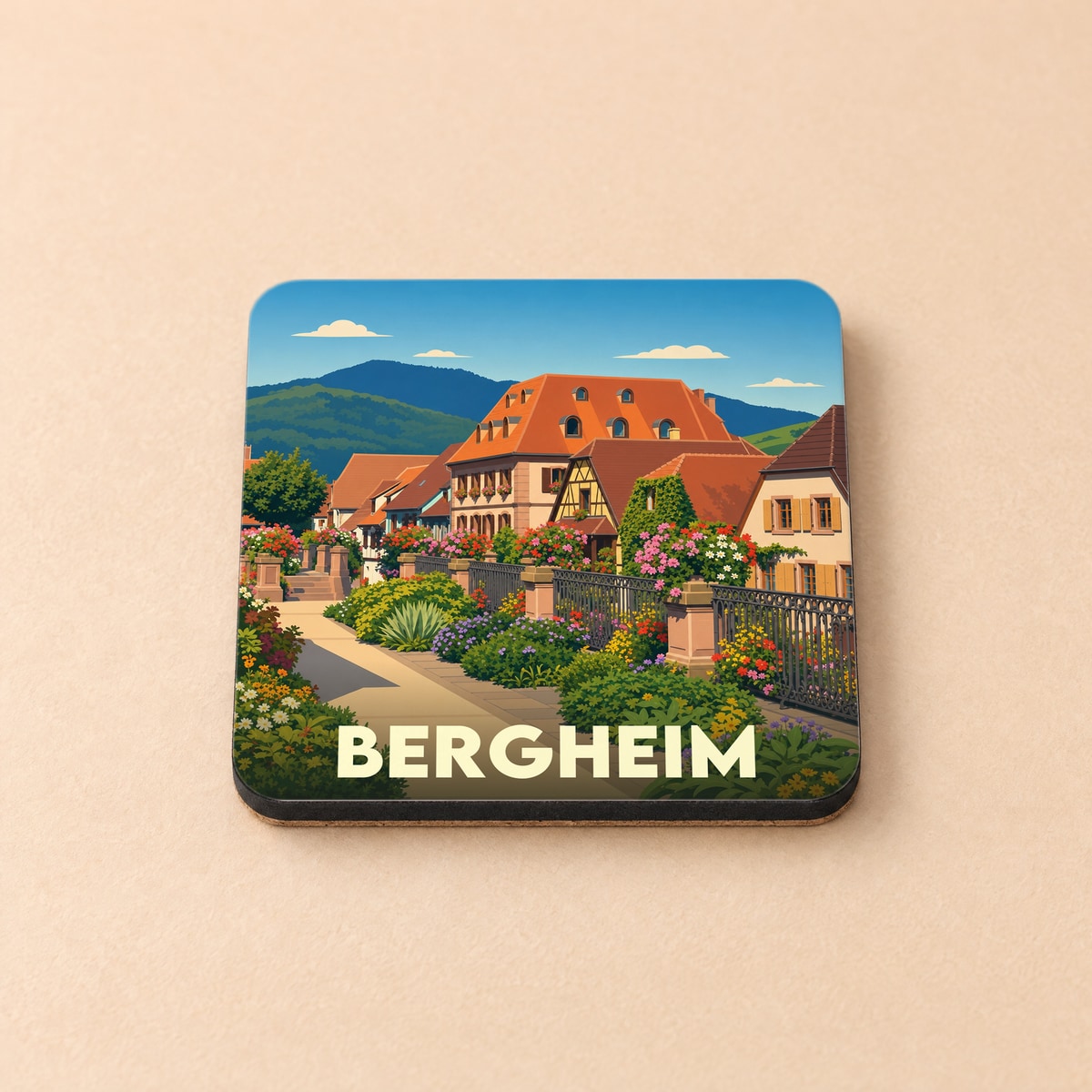 Dessous de verre souvenir de la ville de Bergheim avec une illustration stylisée d'un village alsacien fleuri au pied des montagnes.