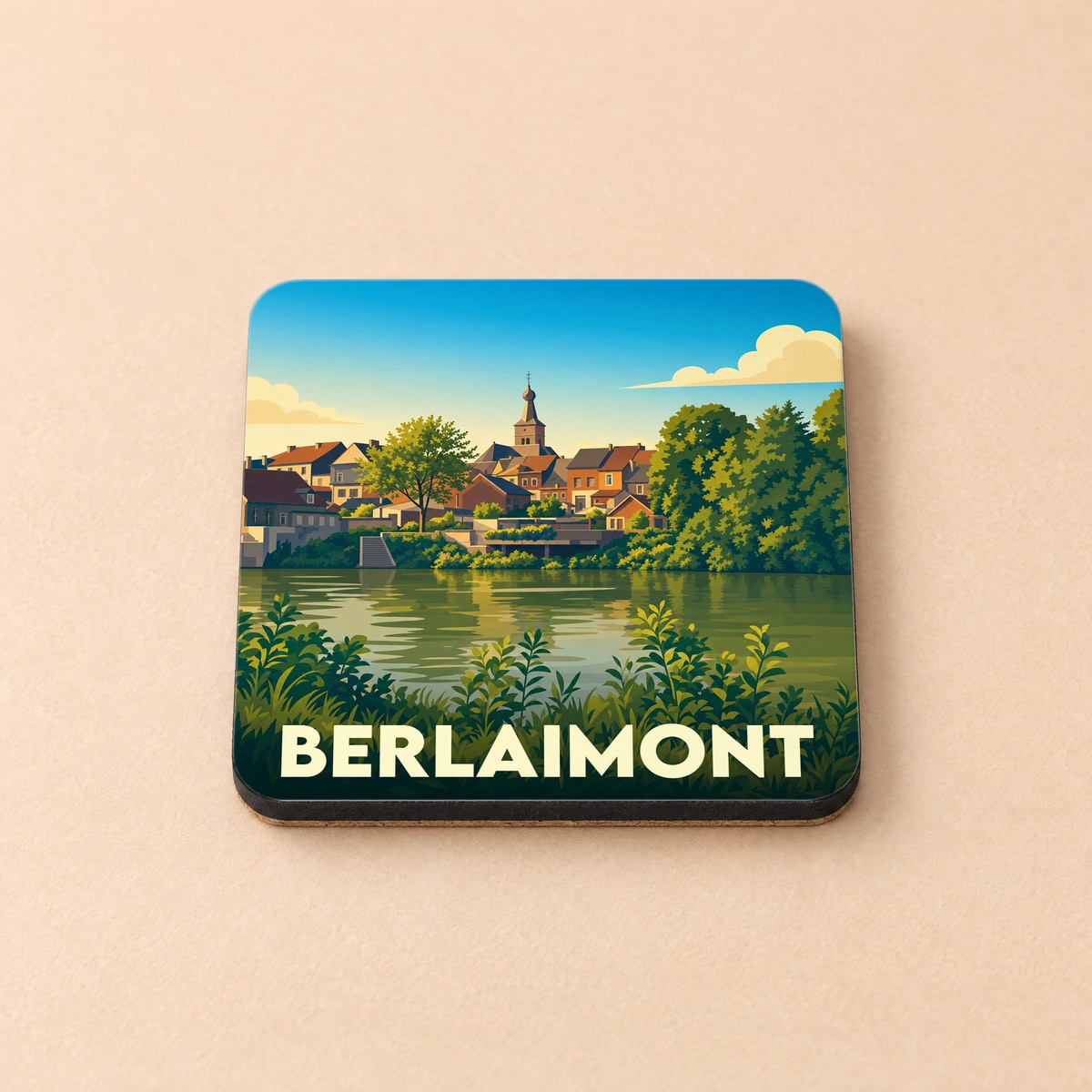 Dessous de verre souvenir de la ville de Berlaimont avec une illustration stylisée d'un paysage fluvial.