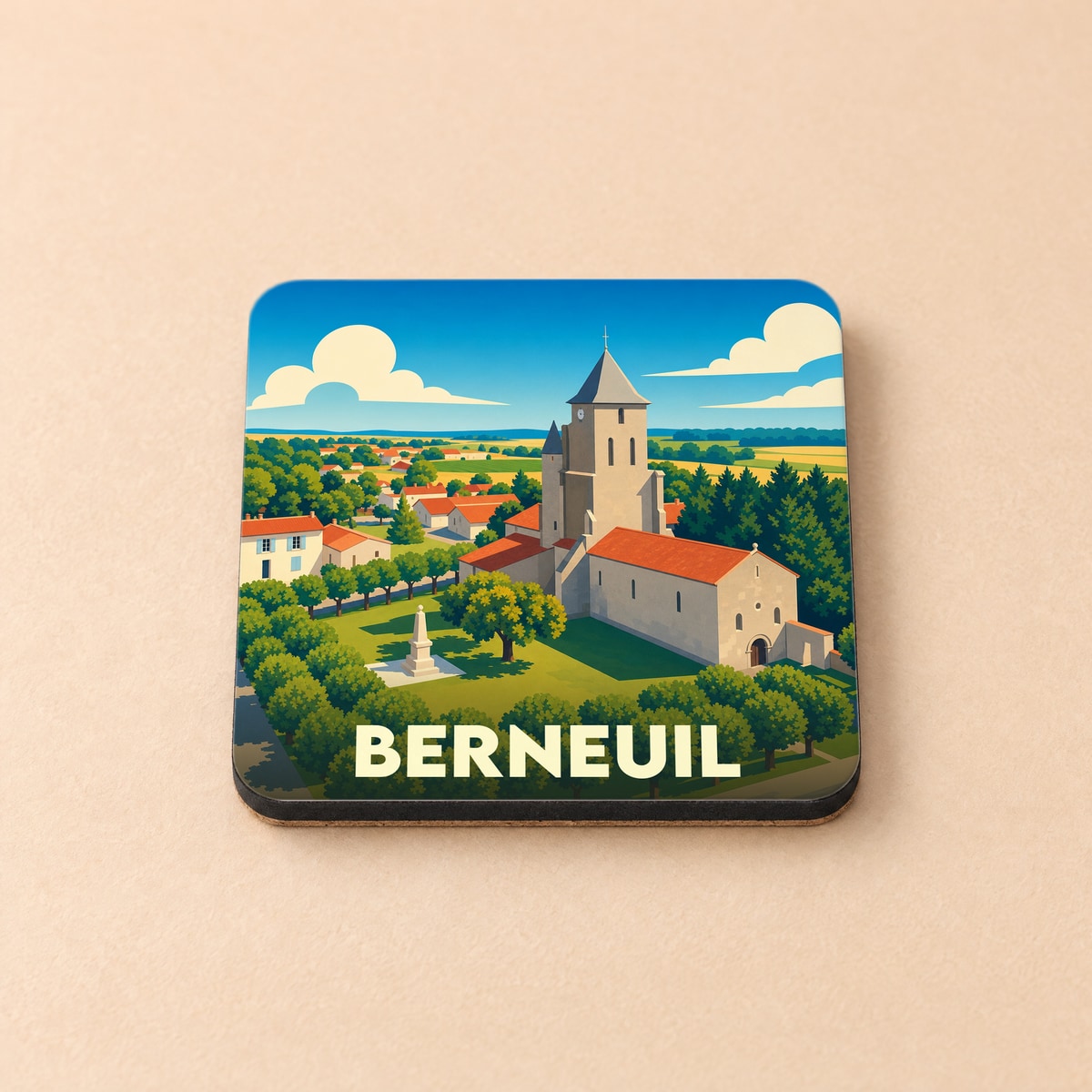 Dessous de verre souvenir de la ville de Berneuil illustré par une vue stylisée de son église et de son paysage champêtre.