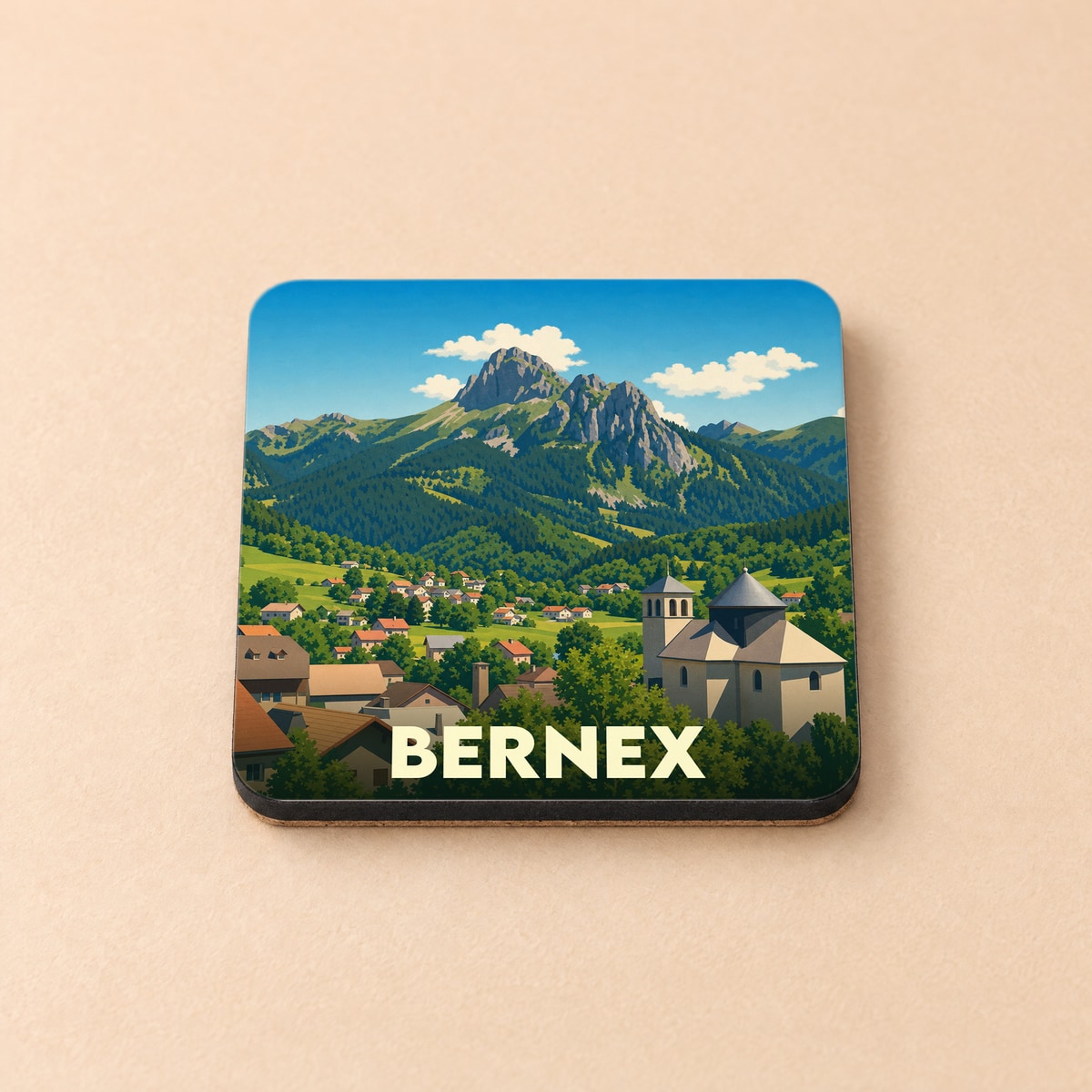 Dessous de verre souvenir de la ville de Bernex avec une illustration stylisée de montagne et de village.