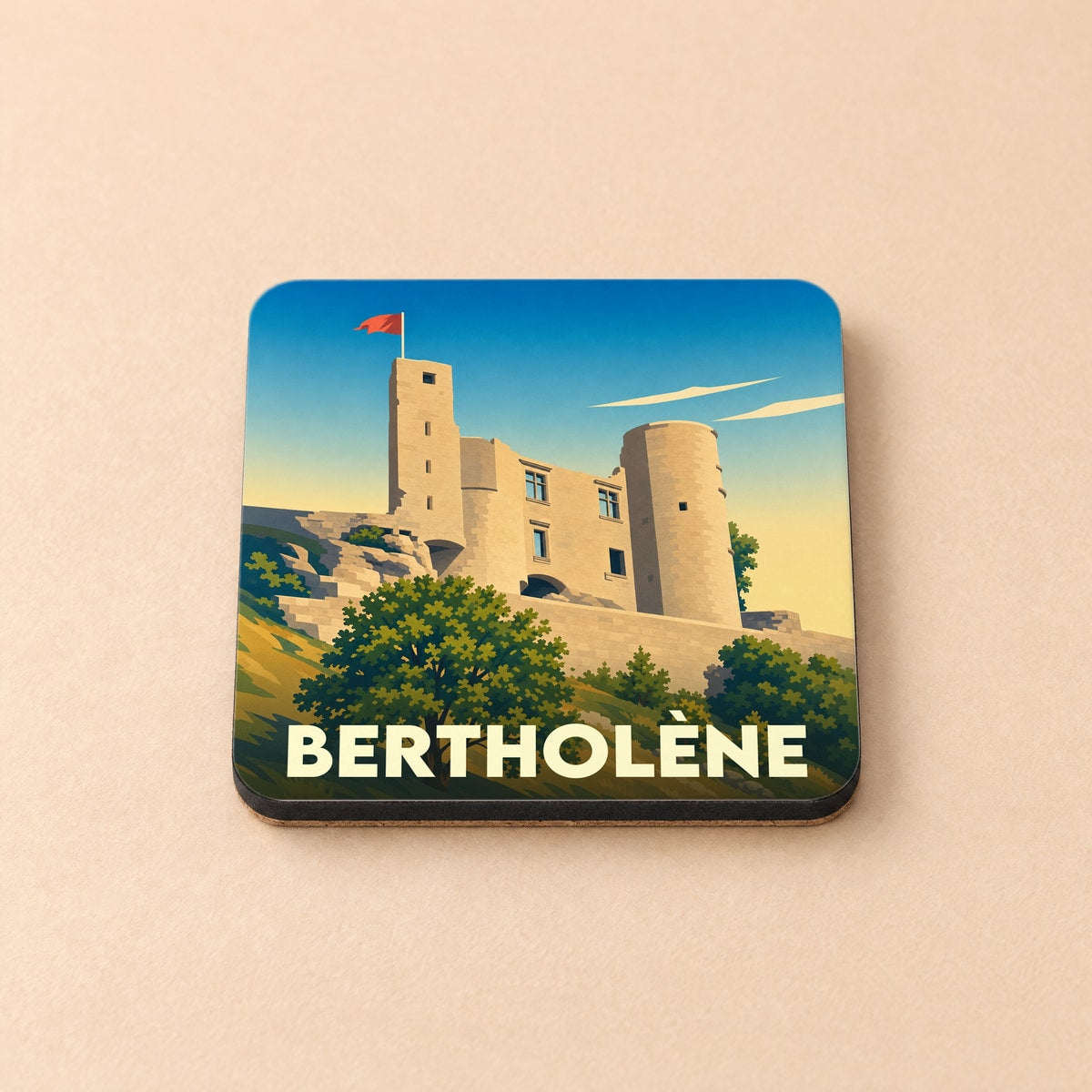 Dessous de verre souvenir de la ville de Bertholène illustré d'un château stylisé sous un ciel bleu.