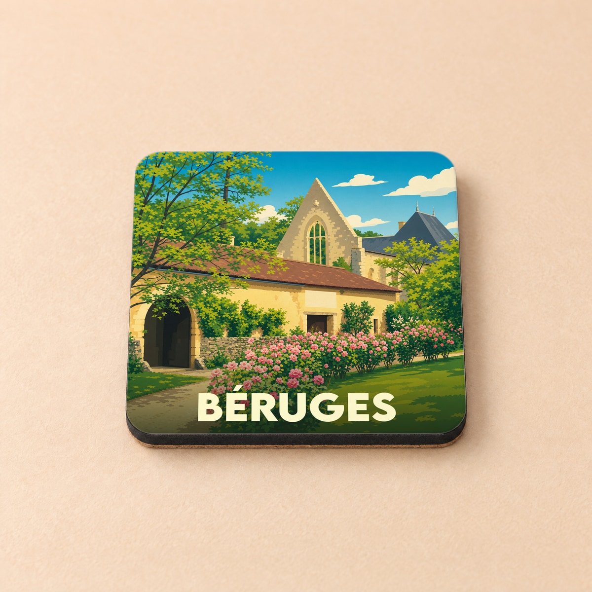 Dessous de verre souvenir de la ville de Béruges avec une illustration stylisée.