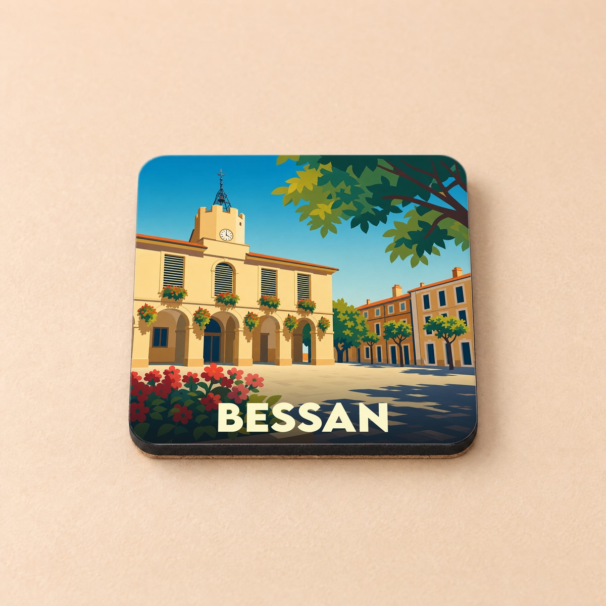 Dessous de verre souvenir de la ville de Bessan avec une illustration stylisée de sa mairie.