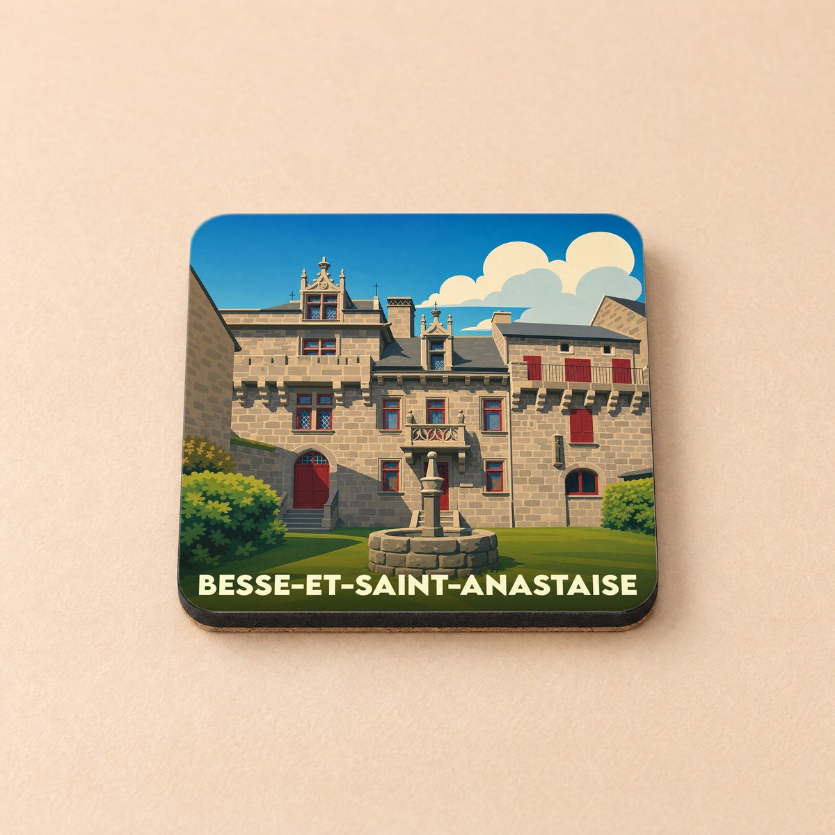 Dessous de verre souvenir de la ville de Besse-et-Saint-Anastaise avec une illustration stylisée.