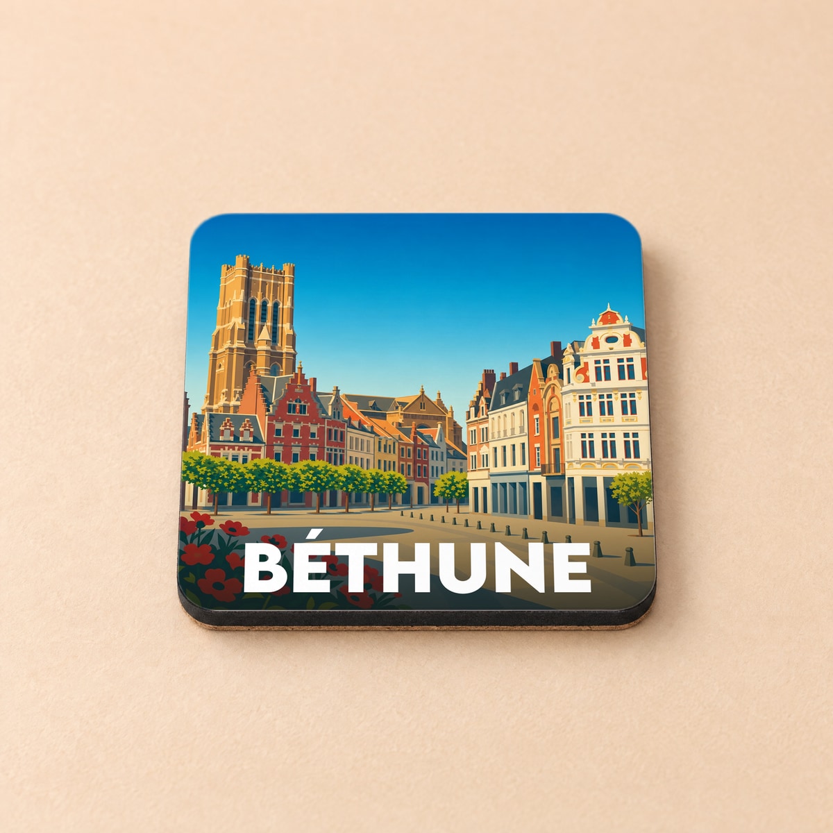 Dessous de verre souvenir de la ville de Béthune avec une illustration stylisée de sa place principale et de son beffroi.
