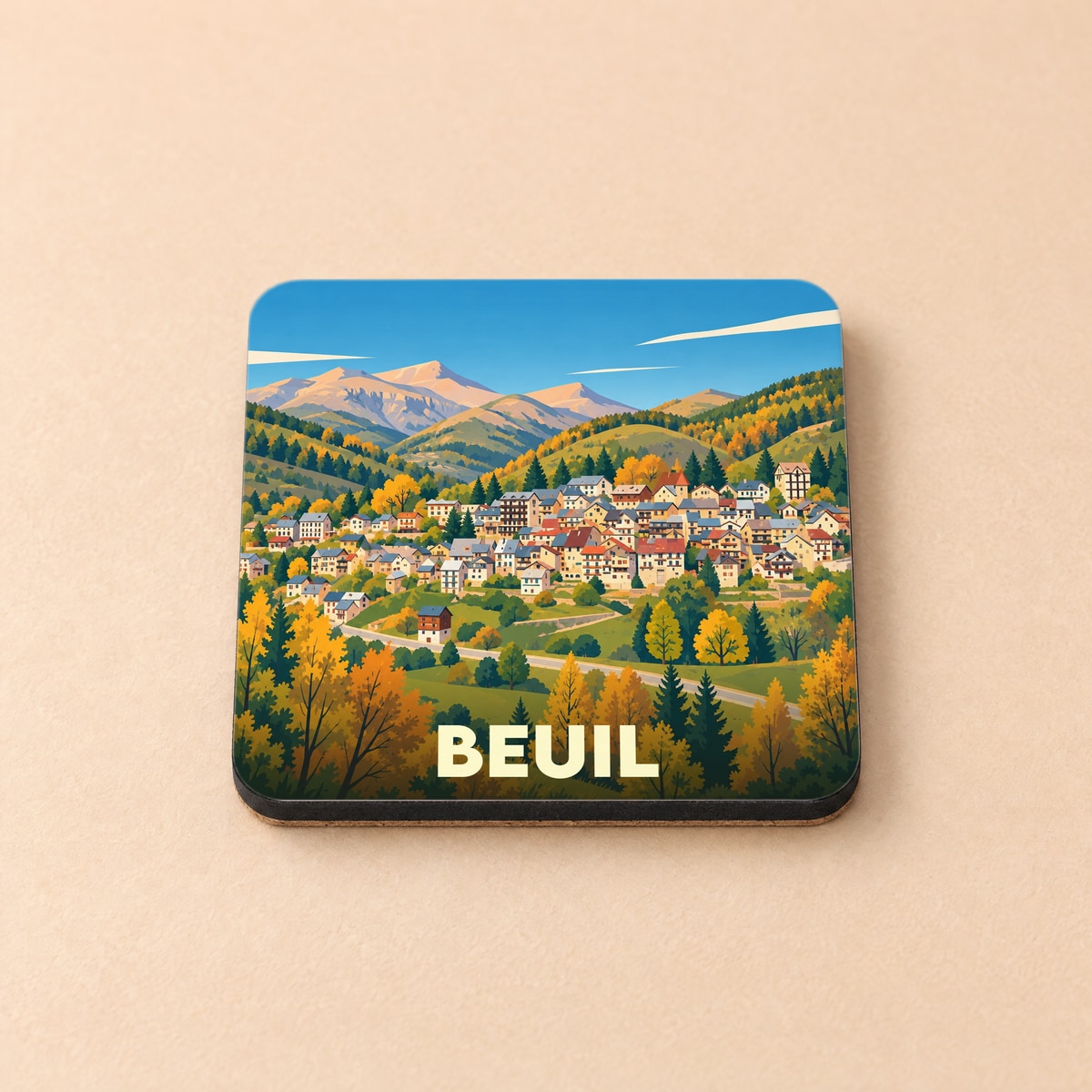 Dessous de verre souvenir de la ville de Beuil avec une illustration stylisée d'un village de montagne en automne.