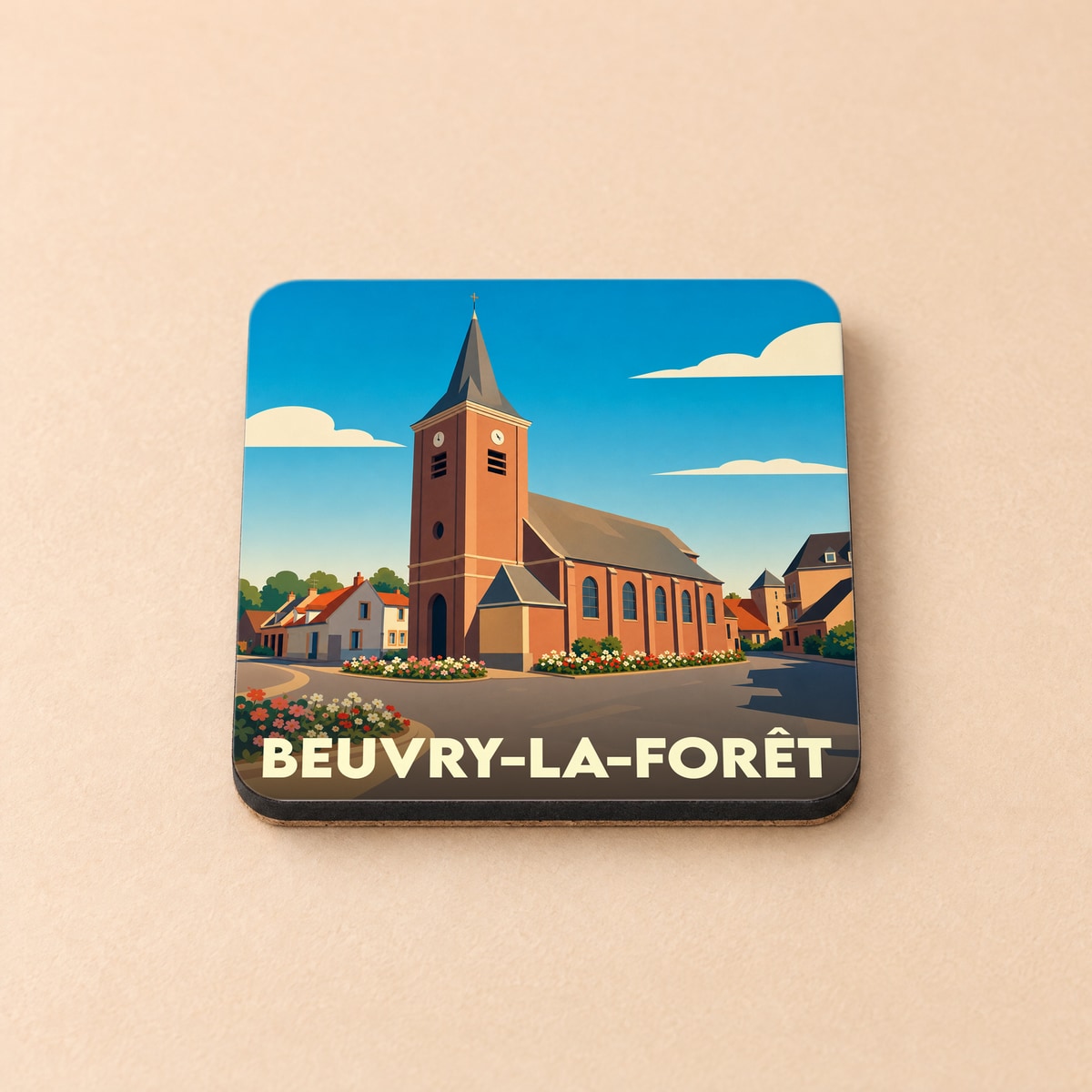 Dessous de verre souvenir de la ville de Beuvry-la-Forêt avec une illustration stylisée de son église.