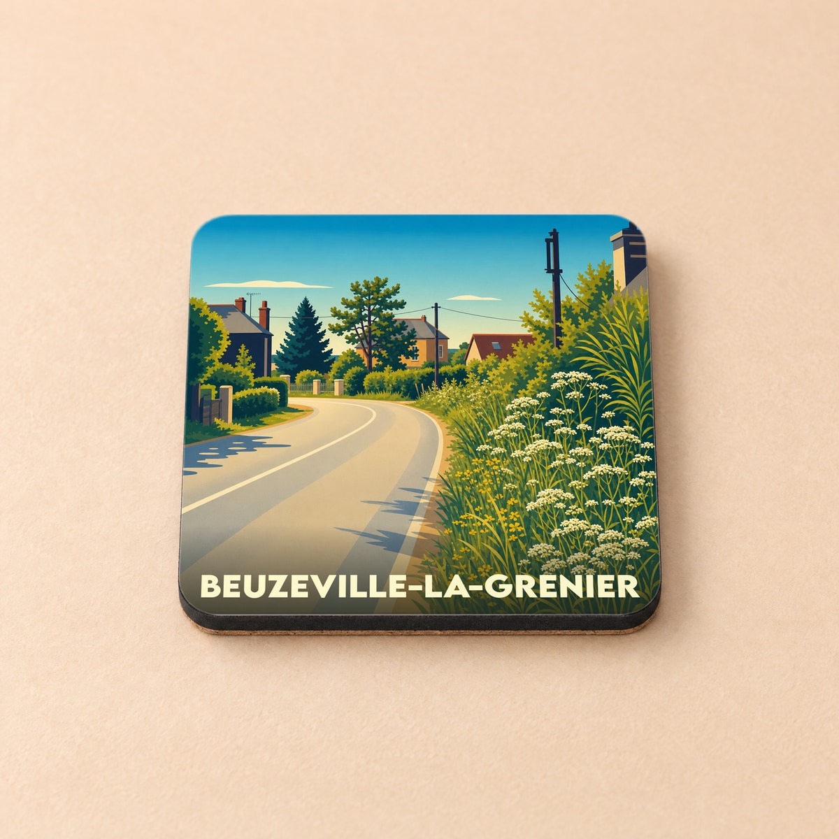 Dessous de verre souvenir de la ville de Beuzeville-la-Grenier avec une illustration stylisée de paysage champêtre.