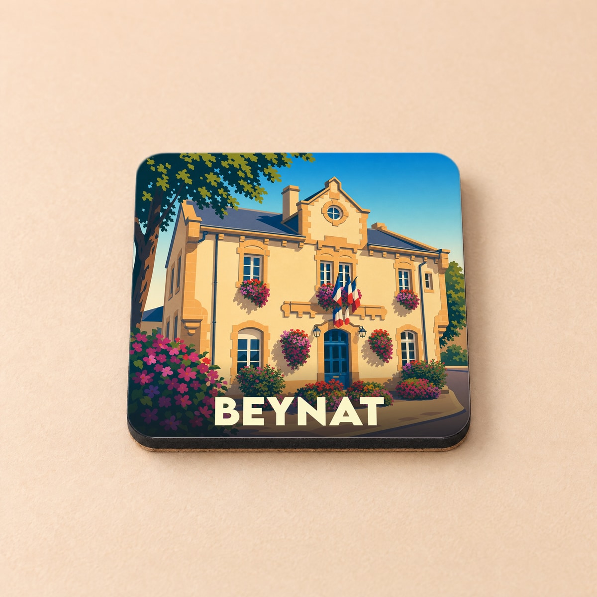 Dessous de verre souvenir de la ville de Beynat avec une illustration stylisée de la mairie fleurie.