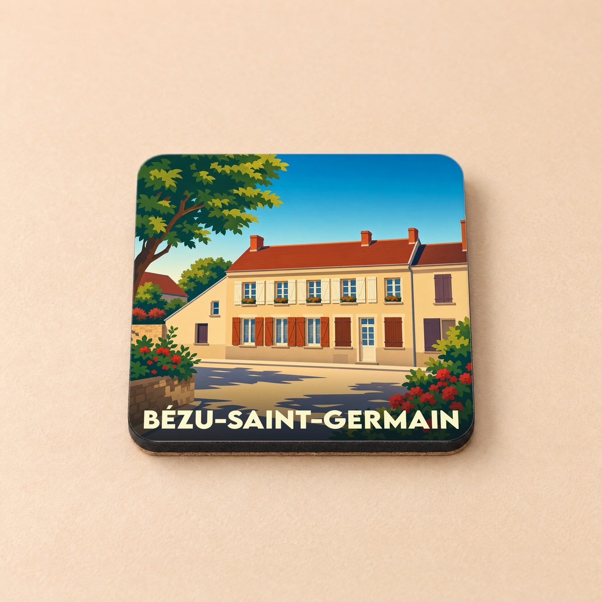 Dessous de verre souvenir de la ville de Bézu-Saint-Germain avec une illustration stylisée d'une maison de village.