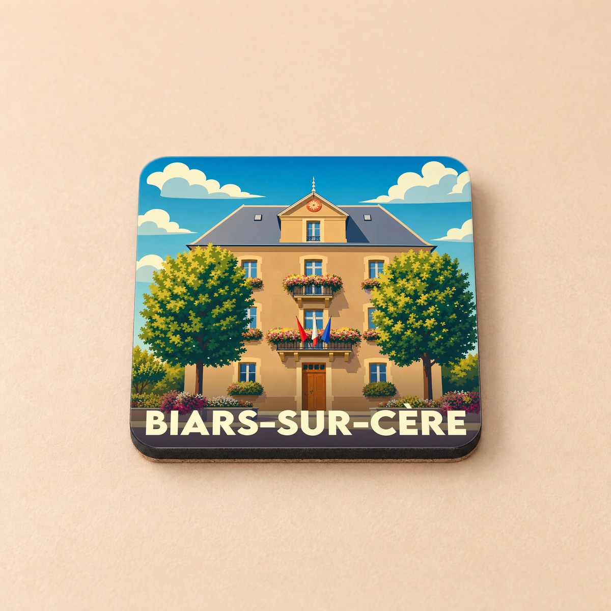 Dessous de verre souvenir de la ville de Biars-sur-Cère avec une illustration stylisée de sa mairie fleurie.