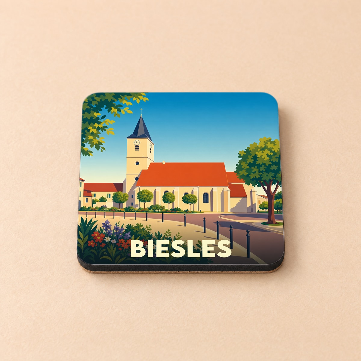 Dessous de verre souvenir de la ville de Biesles avec une illustration stylisée d'une église sous un ciel bleu.