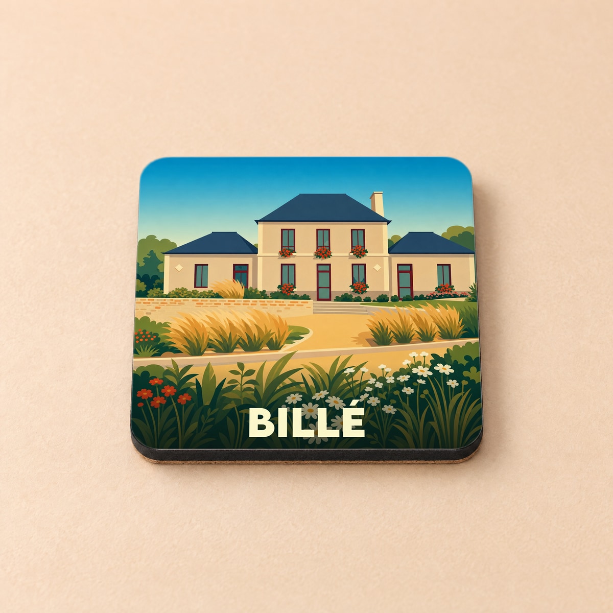 Dessous de verre souvenir de la ville de Billé illustré d'une demeure de caractère entourée d'un jardin fleuri.