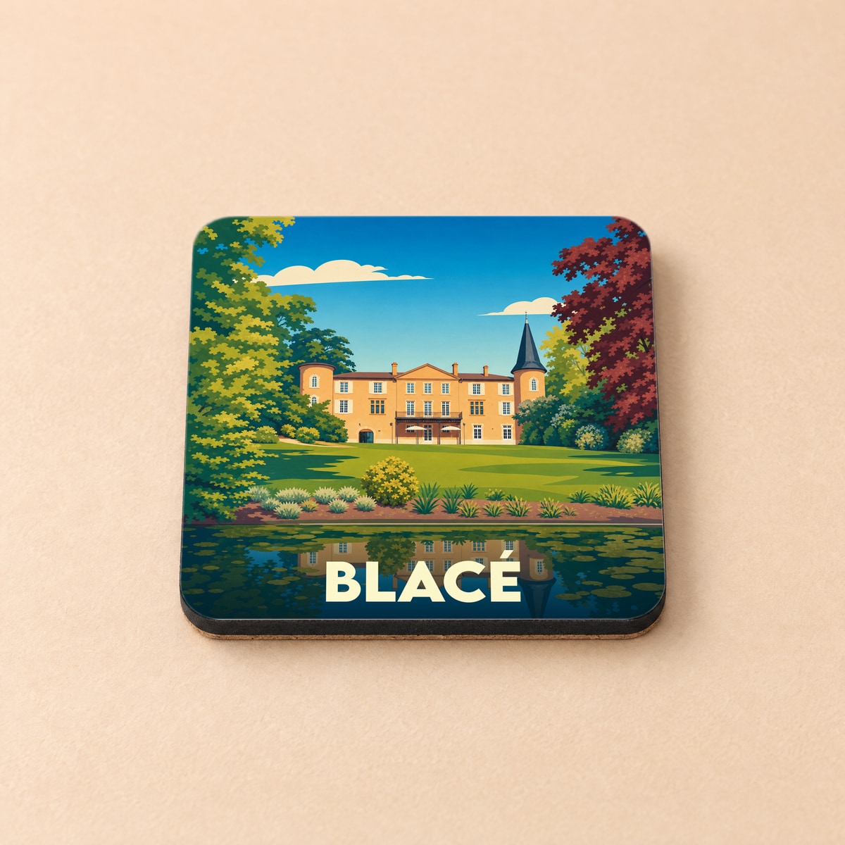 Dessous de verre souvenir de la ville de Blacé avec une illustration stylisée d'un château au bord de l'eau.