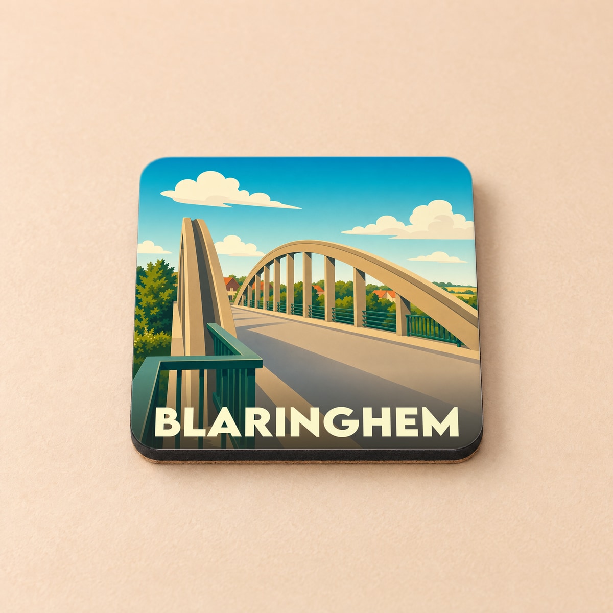 Dessous de verre souvenir de la ville de Blaringhem avec une illustration stylisée de son pont.