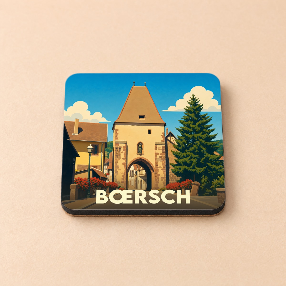 Dessous de verre souvenir de la ville de Bœrsch avec une illustration stylisée de sa porte fortifiée.